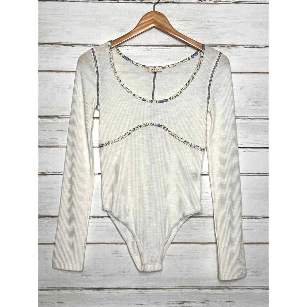 POL Ivory Ribbed Bodysuit Women’s Small Long Sleeve Contrast Floral Trim
